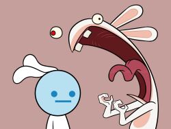  2025 4:3 :| ambiguous_anthro ambiguous_gender animated anthro arms_bent artist_name blue_eyes blue_head brown_background buckteeth digital_media_(artwork) duo english_description flat_colors fur gums hand_pawpads hi_res insertthenewblhere lagomorph long_ears mammal mitten_hands mouth_closed multicolored_body noseless open_mouth pawpads rabbid raving_rabbids rayman_(series) red_eyes red_gums red_tongue simple_background tan_body tan_inner_ear tan_pawpads tan_skin teeth text tongue two_tone_body ubisoft white_body white_fur 