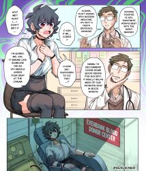  1boy absurdres armchair artist_name black_choker black_hair black_skirt black_thighhighs breasts brown_hair chair choker cleavage coat collarbone commentary crossed_bangs doctor double-parted_bangs earrings english_commentary english_text female glasses hair_between_eyes hand_on_own_chin hands_on_own_chest hands_up high-waist_skirt highres intravenous_drip iv_stand jewelry kin_(senukin) musical_note oerba_yun_fang open_mouth original own_hands_together raised_inner_eyebrows rectangular_eyewear red_eyes senukin shirt short_hair side_slit sitting skin_fang skirt sleeves_rolled_up speech_bubble stethoscope stethoscope_around_neck sweat talking thighhighs twitter_username white_coat white_shirt worried wristband 