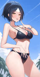  bikini black_bikini blush breasts cleavage earrings female hayami_kanade highres idolmaster idolmaster_cinderella_girls jewelry looking_at_viewer medium_breasts navel necklace o-ring o-ring_bikini outdoors palm_tree short_hair shougun_(chuckni1) smile solo stomach swimsuit thighs tree 