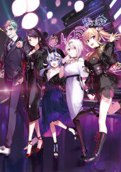  1boy 4girls :d aqua_eyes aqua_hair balloon belt black_belt black_dress black_hair black_hat blonde_hair boutonniere breasts buttons corset double-breasted dress facepaint flower formal_clothes grey_jacket grey_pants grey_suit gundou_mirei hair_between_eyes hand_up hat high_heels highres horns hou_(ppo) jacket joe_rikiichi lapels leg_up lipstick long_hair looking_at_viewer makeup medium_breasts mole mole_under_mouth multicolored_hair multiple_girls neon_lights nijisanji off-shoulder_dress off_shoulder official_alternate_costume official_art oni open_mouth pants pink_eyes pink_flower pink_hair pink_rose purple_eyes purple_hair red_eyes rindou_mikoto rose second-party_source shiina_yuika short_hair side-by-side skin-covered_horns sleeves_past_fingers sleeves_past_wrists smile suit suit_jacket takamiya_rion twintails two-tone_hair virtual_youtuber walking waving white_dress white_hair 