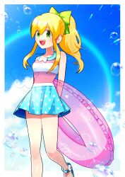 bare_shoulders blonde_hair blue_skirt cowboy_shot female green_eyes high_ponytail highres long_hair mega_man_(character) mega_man_(series) mega_man_x_(series) mega_man_x_dive official_alternate_costume ponytail rainbow rikka_(user_hruv2435) roll_(mega_man) skirt solo swim_ring water_drop 