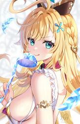  :q aqua_eyes artist_name bare_shoulders blonde_hair blurry blurry_background braid breasts commentary cowlick dress escoffier_(genshin_impact) female fork_hair_ornament frilled_dress frills from_side genshin_impact glint hair_between_eyes hand_up hat heart heart_in_eye highres holding holding_ladle ladle long_hair looking_at_viewer medium_breasts side_braid sideboob sidelocks signature solo symbol_in_eye tongue tongue_out turning_head upper_body very_long_hair wanatsu_15 white_background white_dress 