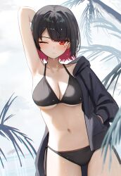  absurdres alternate_costume bikini black_bikini black_hair black_jacket breasts commentary_request cowboy_shot ellen_joe female highres jacket large_breasts navel one_eye_closed outdoors red_eyes red_hair short_hair solo stomach swimsuit thighs thomas_8000 zenless_zone_zero 