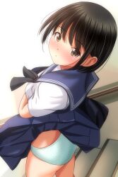  absurdres black_hair blush brown_eyes female highres looking_at_viewer matsunaga_kouyou nose_blush original panties pleated_skirt sailor_collar school_uniform serafuku shirt short_sleeves skirt solo underwear 