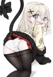  absurdres all_fours animal_hands ass black_pantyhose blue_eyes cat_tail clothes_pull commentary commission female glasses gloves hair_ornament hanakonenne highres looking_back open_mouth original panties pantyhose pantyhose_pull paw_gloves red_skirt skirt solo tail underwear white_background white_panties 