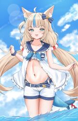 absurdres ahoge animal_ear_fluff animal_ears bikini blonde_hair blue_bikini blue_eyes blue_hair blue_sky blush breasts cat_ears cloud commentary dress female fins fish_girl fish_tail highres indie_virtual_youtuber long_hair low_twintails multicolored_hair navel one_side_up open_mouth sameko_saba short_shorts shorts sky sleeveless sleeveless_dress small_breasts solo streaked_hair swimsuit symbol-only_commentary tail twintails varo_006 very_long_hair virtual_youtuber water white_dress white_shorts 