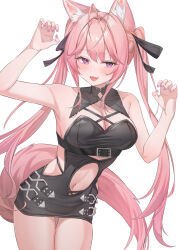  :3 animal_ears antenna_hair bare_shoulders belt black_belt black_dress black_ribbon blush bodycon breasts claw_pose commentary dress female fingernails hair_ribbon hakui_koyori hakui_koyori_(dark_maid) hanamaru_tsubaki highres hololive large_breasts long_hair looking_at_viewer nail_polish navel oerba_yun_fang official_alternate_costume open_mouth pink_eyes pink_hair pink_nails ribbon simple_background skin_fang smile solo stomach tail thighs twintails virtual_youtuber white_background wolf_ears wolf_girl wolf_tail 