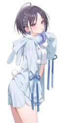  :o ahoge animal_ear_hood animal_ears black_hair blue_hair blue_jacket blue_ribbon blue_shorts blush colored_inner_hair commentary_request cowboy_shot cropped_shirt dolphin_shorts fake_animal_ears fake_tail female from_side gakuen_idolmaster hair_intakes hair_ornament headphones headphones_around_neck highres hood hood_down hooded_jacket idolmaster jacket kitano_yukito looking_at_viewer mashiro_yu midriff multicolored_hair open_mouth pom_pom_(clothes) rabbit_tail red_eyes ribbon shirt short_hair shorts simple_background sleeves_past_fingers sleeves_past_wrists solo tail thighs turning_head white_background white_shirt x_hair_ornament 