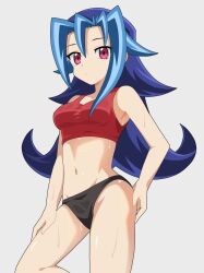  bare_shoulders black_panties blue_hair bra breasts commission cowboy_shot female grey_background kamishiro_rio kura_(xxcracy) medium_breasts panties purple_eyes red_bra simple_background skeb_commission solo underwear yu-gi-oh! yu-gi-oh!_zexal 