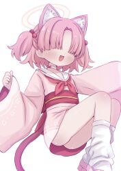  animal_ears blue_archive cat_ears cat_tail chlorella_observation_club_member_(blue_archive) female hair_bobbles hair_ornament hair_over_eyes halo highres japanese_clothes kimono obi pink_hair sailor_collar sash simple_background socks solo tail takatsurt two_side_up white_background white_sailor_collar white_socks 