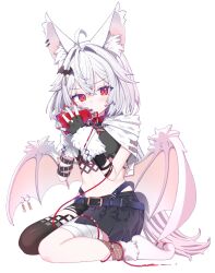  absurdres ahoge akatsuki_niina animal_ear_fluff bandaged_leg bandages bat_hair_ornament bat_wings belt black_gloves black_skirt black_thighhighs blood blood_bag blue_belt blush drinking_blood female fingerless_gloves gloves hair_ornament hands_up highres long_hair looking_at_viewer morumoru_x nail_polish navel project_horizon red_eyes red_nails second-party_source simple_background single_thighhigh sitting skirt solo thighhighs wariza white_background white_hair wings 