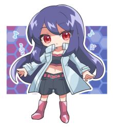  belt blue_coat boots border classicaloid coat collarbone deformed female jolly_(classicaloid) long_hair looking_at_viewer marine6turb midriff musical_note navel parted_lips pink_belt red_eyes solo white_border 