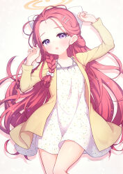  alternate_costume blue_archive braid dress female hair_ornament hairclip halo hands_up highres jacket long_hair looking_at_viewer lying on_back open_mouth parallel_hairclips purple_eyes red_hair short_dress simple_background solo white_background white_dress wodaex yellow_halo yellow_jacket yuzu_(blue_archive) 