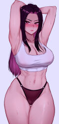  abs absurdres armpits arms_up blush breasts cleavage closed_mouth collarbone covered_nipples dambaepiji_maseyo female highleg highleg_panties highres joonibell large_breasts lipstick long_bangs long_hair looking_at_viewer makeup muscular muscular_female na_seyoung navel nose_blush panties parted_bangs pink_eyes pink_lips purple_hair solo standing sweat thighs underwear very_long_hair 