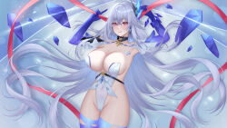 absurdres armpits ayi01 blue_background blue_choker blue_gloves blue_thighhighs breast_strap breasts chest_strap choker cleavage closed_mouth collarbone covered_navel elbow_gloves feather_hair_ornament feathers female genshin_impact gloves grey_hair hair_ornament highleg highleg_leotard highres holding holding_ribbon large_breasts leotard long_hair looking_at_viewer pink_eyes red_ribbon ribbon sideless_leotard skirk_(genshin_impact) smile solo standing thighhighs thighs very_long_hair white_leotard 
