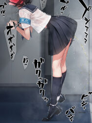  black_hair black_socks blush bound female gag gagged highres kneehighs murakami_suigun original panties peeing peeing_self pleated_skirt sailor_collar school_uniform serafuku shirt short_hair skirt socks solo trembling underwear urine white_panties white_shirt 