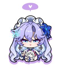  :p animalization blue_eyes blue_flower bow cantarella_(wuthering_waves) carlotta_(wuthering_waves) chibi chibi_only commentary dog-san earrings flower hair_between_eyes hair_flower hair_ornament headdress heart highres holding jewelry long_hair looking_at_viewer pink_bow purple_hair simple_background spoken_heart straight-on striped_bow symbol-only_commentary tacet_mark_(wuthering_waves) tongue tongue_out white_background wuthering_waves 