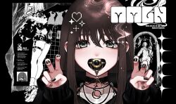  bib black_jacket black_shoes blush brown_hair chains choker female full_body hood hoodie jacket long_sleeves looking_at_viewer mamaloni mamaloni_(character) medium_hair o-ring o-ring_choker original oversized_clothes pacifier rosary shoes sleeves_past_fingers sleeves_past_wrists solo thighs 