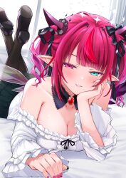  +_+ absurdres aqua_eyes bare_shoulders bed_sheet black_bow black_collar black_halo black_horns black_nails black_pantyhose black_ribbon black_shoes black_skirt blush bow breasts cleavage collar collarbone commentary detached_collar english_commentary fangs female fingernails frilled_shirt frills gem grin hair_ribbon hairbow halo heckler_kai heterochromia highres hololive hololive_english horns indoors irys_(hololive) large_breasts long_hair lying multicolored_hair multicolored_nails nail_polish on_stomach pantyhose pink_eyes pink_hair pink_nails pink_wings pointy_ears purple_wings red_gemstone red_hair ribbon shirt shoes skirt smile solo streaked_hair striped_ribbon teeth the_pose transparent_wings two-tone_hair two-tone_nails two_side_up virtual_youtuber white_halo white_shirt window wings 
