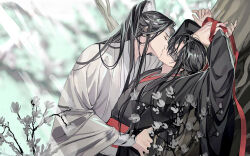  2boys against_tree arms_up bishounen black_coat black_hair black_hanfu blindfold blurry blurry_background bound bound_wrists branch chinese_clothes closed_eyes closed_mouth coat flower french_kiss gearous hair_down hair_ribbon half_updo hanfu headband high_ponytail highres holding_another&#039;s_wrist hug kissing lan_wangji long_hair long_sleeves lying male_focus modao_zushi multiple_boys official_alternate_costume official_alternate_hairstyle official_art on_back open_clothes open_coat outdoors ponytail red_ribbon red_sash ribbon robe sash sidelocks sunlight third-party_source tree upper_body wei_wuxian wei_wuxian_(yiling_laozu) white_flower white_hanfu white_headband wide_sleeves xiao_guan_(headdress) yaoi 