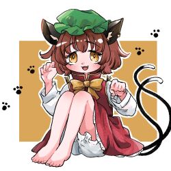  00321kakita :3 :d animal_ear_fluff animal_ear_piercing animal_ears bare_legs barefoot bloomers bow bowtie brown_background brown_eyes brown_hair cat_ears cat_tail chen commentary_request earrings fangs female fingernails frills full_body hands_up hat jewelry knees_up legs_together long_fingernails long_sleeves looking_at_viewer mob_cap multiple_tails nekomata open_mouth outline paw_pose paw_print paw_print_background petticoat puffy_long_sleeves puffy_sleeves red_skirt red_vest short_hair simple_background single_earring sitting skirt skirt_set slit_pupils smile solo tail tareme toenails toes touhou two_tails upskirt vest white_background white_outline yellow_bow yellow_bowtie 