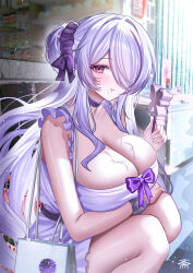  alternate_costume arm_under_breasts azur_lane bag blush bow breasts chewing choker cleavage commentary_request crumbs dress female food frills hair_over_one_eye highres holding holding_food holding_popsicle huge_breasts long_hair outdoors pink_eyes popsicle purple_bow purple_choker purple_dress purple_hair purple_scrunchie scrunchie shopping_bag solo squatting tansuan_(ensj3875) unzen_(azur_lane) very_long_hair wrist_scrunchie 