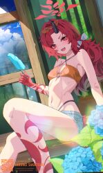  bangs_pinned_back bikini blue_archive blush colored_skin denim denim_shorts dragon_girl dragon_tail female food hairband highres holding holding_food holding_popsicle horns looking_at_viewer multicolored_skin official_alternate_costume official_alternate_hairstyle open_mouth orange_hairband popsicle red_eyes red_hair red_skin renge_(blue_archive) renge_(swimsuit)_(blue_archive) sakatsuki_yakumo short_shorts shorts single_horn solo swimsuit tail teeth upper_teeth_only yellow_bikini 