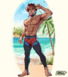  1boy abs absurdres adjusting_eyewear armpit_hair bara beach brown_eyes brown_hair commentary english_commentary food food_in_mouth goggles highres large_pectorals legskin male_focus male_swimwear marvel marvel_rivals muscular muscular_male navel navel_hair nipples ocean outdoors palm_tree pectorals peter_parker popsicle popsicle_in_mouth short_hair solo swim_goggles tankboy topless_male tree variant_set 