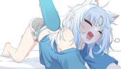  all_fours animal_ear_fluff animal_ears barefoot black_shorts blue_nails blue_shirt blue_streaks blunt_bangs blush cat_ears cat_stretch closed_eyes dolphin_shorts female fins fish_tail gawr_gura highres hololive hololive_english long_hair multicolored_hair multicolored_panties off-shoulder_shirt off_shoulder on_bed open_mouth oversized_clothes oversized_shirt panties panty_peek shark_girl shark_tail sharp_teeth shirt shorts single_bare_shoulder solo streaked_hair stretching striped_clothes striped_panties tail teardrop tears tears_from_one_eye teeth top-down_bottom-up ugaaaa1 underwear virtual_youtuber white_background white_hair yawning 
