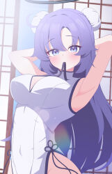  absurdres armpits arms_behind_head black_ribbon blue_archive china_dress chinese_clothes double_bun dress female fortysansan hair_between_eyes hair_bun highres long_hair looking_at_viewer mouth_hold purple_eyes purple_hair ribbon ribbon_in_mouth sidelocks sleeveless sleeveless_dress solo tying_hair white_dress yuuka_(blue_archive) 