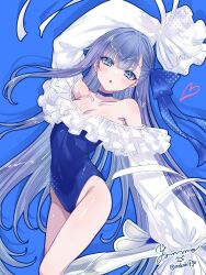  bare_shoulders blue_eyes blue_ribbon blush breasts choker collarbone fate/grand_order fate_(series) female frills hair_ribbon highleg highleg_one-piece_swimsuit highres long_hair long_sleeves looking_at_viewer meltryllis_(fate) meltryllis_(swimsuit_lancer)_(fate) meltryllis_(swimsuit_lancer)_(second_ascension)_(fate) off-shoulder_one-piece_swimsuit off_shoulder one-piece_swimsuit open_mouth prosthesis prosthetic_leg puffy_sleeves purple_hair ribbon sleeves_past_fingers sleeves_past_wrists small_breasts solo swimsuit thighs very_long_hair white_ribbon yamuimo 