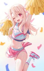  absurdres armpits cheerleader fate/kaleid_liner_prisma_illya fate_(series) female highres illyasviel_von_einzbern kaze_22 long_hair looking_at_viewer navel one_eye_closed open_mouth panties pink_panties pom_pom_(cheerleading) red_eyes skirt smile solo underwear 