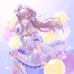  :3 absurdres aqua_bow aqua_bowtie aqua_nails argyle_bow arm_up balloon bare_shoulders blurry blurry_background blurry_foreground blush boots bow bowtie braid braided_bun breasts brown_hair collar detached_sleeves dress female fingernails flower frilled_collar frilled_skirt frills gem green_eyes hair_bun hair_flower hair_intakes hair_ornament hairclip hat hat_bow highres knee_boots kneehighs large_breasts long_hair looking_at_viewer nail_polish nian_(jillmaple) nijisanji open_mouth pink_bow pink_bowtie purple_skirt shoes short_sleeves single_side_bun sitting skirt smile socks solo striped_bow striped_bowtie striped_clothes suzuhara_lulu suzuhara_lulu_(3rd_costume) two-tone_bow two-tone_bowtie virtual_youtuber white_bow white_collar white_dress white_gemstone white_hat white_shoes white_skirt white_sleeves white_wrist_cuffs wrist_cuffs 