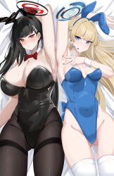  2girls absurdres alternate_costume animal_ears armpits black_hair black_leotard blonde_hair blue_archive blue_eyes blue_hair blue_halo blue_leotard blue_nails blush braid breasts bright_pupils commentary detached_collar english_commentary fake_animal_ears halo highres huge_breasts large_breasts lengkuass leotard long_hair looking_at_viewer mechanical_halo medium_breasts multicolored_hair multiple_girls nail_polish official_alternate_costume on_bed pantyhose playboy_bunny presenting_armpit rabbit_ears red_eyes ringed_eyes rio_(blue_archive) spread_armpit strapless strapless_leotard streaked_hair sweat thighhighs toki_(blue_archive) toki_(bunny)_(blue_archive) v white_pupils white_thighhighs 