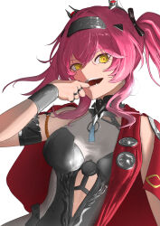  absurdres armor bell_(only-id_228) black_bow bow breastplate breasts commentary_request female finger_in_own_mouth hair_ornament hairband hairbow headgear highres large_breasts long_hair looking_at_viewer lupa_(wuthering_waves) metal_hairband open_mouth pink_hair red_pupils red_sash sash simple_background smile solo upper_body white_background wrist_guards wuthering_waves yellow_eyes 