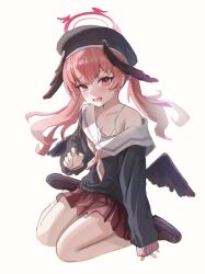  absurdres arm_support beret black_hat black_shirt black_shoes black_wings blue_archive blush bra bra_peek breasts chinese_commentary chromatic_aberration cleavage collarbone commentary_request crying crying_with_eyes_open feathered_wings female floating_hair full_body halo hand_up hat head_wings highres koharu_(blue_archive) long_hair long_sleeves looking_at_viewer low_wings making-of_available miniskirt multiple_wings neckerchief oerba_yun_fang open_mouth pink_eyes pink_hair pink_halo pink_neckerchief pleated_skirt puffy_long_sleeves puffy_sleeves red_skirt sailor_collar sailor_shirt school_uniform serafuku shirt shoes simple_background single_bare_shoulder sitting skin_fang skirt solo streaming_tears tears twintails underwear wariza wavy_mouth white_background white_bra white_sailor_collar winged_halo wings xiaoxiaoyifan 