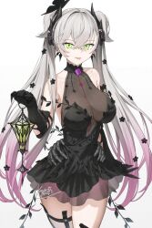  black_butterfly black_dress black_hands body_markings breasts bug butterfly colored_extremities commentary_request corsage crossed_bangs demon_girl demon_horns dress fate/grand_order fate_(series) gothic_lolita green_eyes hair_around_horn highres holding holding_lantern horns kamo_ashi lantern lilith_(fate) lilith_(fgo_fes._2025)_(fate) lolita_fashion long_hair looking_at_viewer multicolored_hair pointy_ears see-through_cleavage see-through_clothes skeletal_hand stomach_tattoo tattoo tattoo_between_breasts tongue tongue_out twintails white_hair 