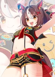  &gt;_o :d ;) animal_ears armpits arms_up black_shorts black_vest breasts brown_eyes brown_hair closed_mouth commentary_request crop_top cropped_vest female gran_alegria_(umamusume) hair_between_eyes hair_intakes hair_ornament horse_ears horse_girl horse_tail koruri multicolored_hair multiple_views navel one_eye_closed red_shirt shirt short_shorts shorts small_breasts smile stomach suspender_shorts suspenders tail twitter_username two-tone_hair umamusume vest watermark white_hair wrist_cuffs x_hair_ornament zoom_layer 