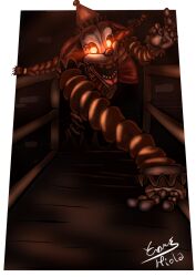  2025 ambiguous_gender animatronic border bow_tie clothing clown clown_nose female five_nights_at_freddy&#039;s five_nights_at_freddy&#039;s:_security_breach glowing glowing_eyes hair hat headgear headwear hpiola humanoid jackie_(fnaf) looking_at_viewer machine party_hat red_hair robot scottgames signature solo steel_wool_studios the_mimic_(fnaf) twintails upper_body wall_(structure) 