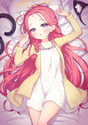  alternate_costume animal_ears blue_archive braid cat_ears cat_tail dress fake_animal_ears fake_tail female hair_ornament hairclip halo hands_up highres jacket long_hair looking_at_viewer lying on_back open_mouth parallel_hairclips purple_eyes red_hair short_dress solo tail tail_removed unworn_fake_animal_ears white_dress wodaex yellow_halo yellow_jacket yuzu_(blue_archive) 
