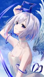  absurdres amane_kanata angel_wings arm_at_side arm_up blue_eyes blue_hair blue_halo blue_sky breasts choker cleavage closed_mouth cloud cloudy_sky collarbone colored_inner_hair commentary_request day detached_wings dress english_commentary female fingernails gradient_eyes halo highres hinata_habi_ss hololive light_rays light_smile looking_at_viewer mixed-language_commentary multicolored_eyes multicolored_hair no_bra outdoors pink_eyes short_hair sideways_glance sky sleeveless sleeveless_dress small_breasts solo star_halo sunbeam sunlight upper_body virtual_youtuber white_background white_choker white_dress white_wings wings 