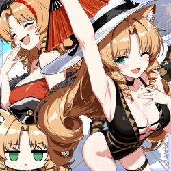  ;d animal_ears arknights armpits black_one-piece_swimsuit breasts cleavage closed_eyes drill_hair female folding_fan green_eyes hand_fan hat highres holding holding_fan long_hair multiple_views oerba_yun_fang one-piece_swimsuit one_eye_closed open_mouth smile swimsuit swire_(arknights) swire_the_elegant_wit_(arknights) tail tiger_ears tiger_girl tiger_tail tokinin4 