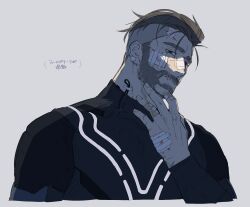  1boy absurdres arm_up bandaid bandaid_on_finger beard bodysuit brown_eyes brown_hair closed_mouth commentary_request cuts empty_eyes facial_hair fingernails gauze gauze_on_cheek gauze_on_hand gauze_on_nose grey_background hand_on_own_face highres injury long_sleeves looking_down male_focus pokemon pokemon_sv professor_turo short_hair simple_background solo thick_eyebrows ujino undercut 