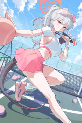  absurdres alternate_costume alternate_hairstyle ball blue_archive blush braid demon_tail demon_wings female haruna_(blue_archive) hat highres holding holding_ball holding_tennis_racket looking_at_viewer miniskirt pink_hat pink_shoes pink_skirt pleated_skirt pointy_ears ponytail red_eyes shoes short_sleeves shrug_(clothing) single_braid single_wing skirt solo sports_bra tail visor_cap white_hair white_shrug white_sports_bra wings winterflower 