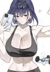  abs absurdres alternate_costume barbell bare_shoulders black_pants black_sports_bra blue_eyes blue_hair blush bow bow_earrings breasts chain_headband chains cleavage clock collarbone earrings ewn exercising female hair_intakes hat highres hololive hololive_english jewelry kronie_(ouro_kronii) large_breasts looking_at_viewer mascot midriff multicolored_hair navel ouro_kronii pants ribbon_earrings short_hair simple_background smile sports_bra stomach sweat toned toned_female top_hat virtual_youtuber weightlifting white_background workout_clothes yoga_pants 