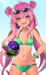  ahoge ball bemani bikini blue-framed_eyewear breasts collarbone commentary_request cowboy_shot double_bun eyewear_on_head female grace_(sound_voltex) grace_(yumebuki)_(sound_voltex) green_bikini hair_bun halterneck highres holding holding_ball long_hair looking_at_viewer low_twintails navel oerba_yun_fang open_mouth paid_reward_available pink_eyes pink_hair small_breasts smile solo sound_voltex sunglasses swimsuit twintails very_long_hair yashirinda 