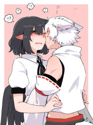 ! !! !? 2girls ? absurdres animal_ears bare_shoulders black_hair black_ribbon black_wings blush closed_eyes collared_shirt commentary_request detached_sleeves ear_blush embarrassed highres hug inubashiri_momiji licking licking_another&#039;s_face medium_hair min.k multiple_girls muscular neck_ribbon no_headwear one_eye_closed open_mouth pink_background pointy_ears puffy_short_sleeves puffy_sleeves red_eyes ribbon shameimaru_aya shirt short_hair short_sleeves sleeveless sleeveless_shirt spoken_exclamation_mark spoken_interrobang spoken_question_mark squeans sweatdrop tail touhou upper_body white_hair white_shirt wings wolf_ears wolf_girl wolf_tail yuri 