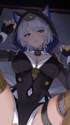  animal_ear_fluff animal_ears animal_hood black_gloves black_hood blue_eyes bow breasts cat_ears cat_girl cat_hood cipher_(honkai:_star_rail) cleavage ears_through_hood female fingerless_gloves gaitoou gloves grey_hair hairbow highres honkai:_star_rail honkai_(series) hood hooded_leotard lying mole mole_on_chest on_back paid_reward_available parted_lips solo spread_legs thigh_strap white_bow yellow_nails 