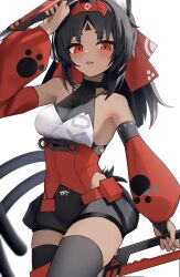  absurdres animal_ears black_hair cat_ears cat_girl cat_tail dark-skinned_female dark_skin detached_sleeves female highres looking_at_viewer medium_hair multiple_tails nekomiya_mana red_eyes red_sleeves simple_background solo tail thomas_8000 white_background zenless_zone_zero 