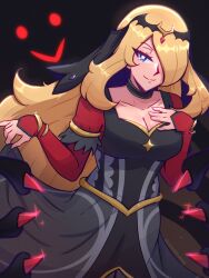  black_background black_dress blonde_hair breasts cleavage cowboy_shot cynthia_(pokemon) cynthia_(sygna_suit)_(renegade)_(pokemon) dress female giratina hair_over_one_eye highres long_hair lunatuneflowers medium_breasts pokemon pokemon_(creature) pokemon_dppt pokemon_masters_ex purple_eyes simple_background smile solo_focus 